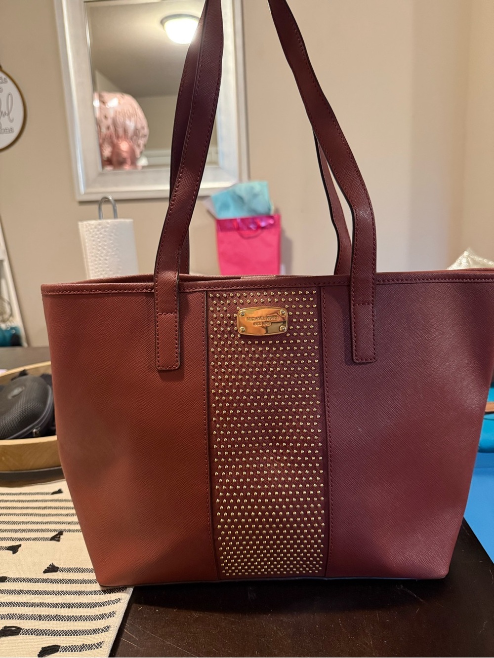 Michael Kors Wine Leather Studded Tote with Gold Accents